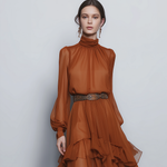 Women's Elegant Orange Chiffon Round-neck Long-sleeved Maxi Dress