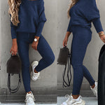 2 Pieces Outfit Skew Neck Long Sleeve Loose Pullover Top and Drawstring High Waist Slim Fit Pants Set