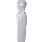 Women's Two Piece Set Criss Cross Halter Backless Crop Top and High Slit Ruched Skirt Sexy Matching Set