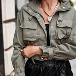 High Neck Zip Up Snap Button Front Flap Pockets Design Cargo Biker Jacket Casual Drawstring Crop Coat