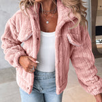 Textured Striped Turn-down Collar Button Front Elastic Cuff and Hem Teddy Fleece Jacket With Decorative Flap Pockets