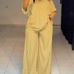 Women's Striped 2 Piece Outfits V Neck Short Sleeve Drawstring Top and Wide Leg Pants Set with Pockets