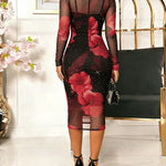 Women's 2 Piece Outfit Rhinestone Floral Mesh Midi Dress Slim Fit Long Sleeve Sheer Bodycon Dress with Camisole Slip Dress