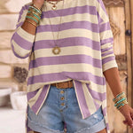 Women's Striped T Shirt Long Sleeve Drop Shoulder Crewneck Tee Side Slit Casual Loose Fit Top