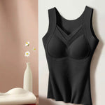 Sheer Mesh Spliced V Neck Sleeveless Built In Bra Tank Casual Warm Fleece Lined Slim Fit Top
