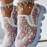 Floral Pattern Sheer Mesh Patch Round Toe Sneakers