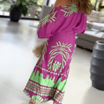 2 Pieces Outfit Skew Neck Lantern Sleeve Loose Fit Top and High Waist Elastic Waist Fishtail Maxi Skirt Set Casual Tropical Print Vacation Set