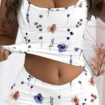 2 Pieces Outfit U-Neck Adjustable Spaghetti Straps Top and Elastic Waist Shorts Set Casual Watercolor Ditsy Floral Print Slim Fit Cami Set