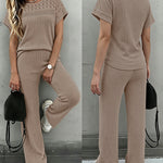 Women's 2 Piece Knit Set Lace Patchwork Short Sleeve Top and Wide Leg Pants Casual Ribbed Brushed Lounge Set