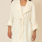 Women's Textured Drawstring Waist Lapel Coat Mid-length Roll Up Sleeve Button Front Trench Jacket