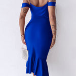 Women's Cold Shoulder Adjustable Pearls Straps Bodycon Dress Cowl Neck Asymmetrical Ruffle Hem Party Dress