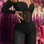 Glitter Cold Shoulder Adjustable Spaghetti Straps Lace Spliced Overalls Slim Fit Zipper Back Corset Jumpsuit