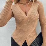 Rhinestone Decor Overlap V Neck Long Sleeve Knit Sweater Asymmetrical Hem Slim Fit Textured Pullover Top