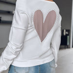 Pearls Decor Sheer Heart Pattern Mesh Spliced Tee Casual Drop Shoulder Long Sleeve Top