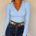 Women's Lace V Neck Ruched T Shirt Slim Fit Long Sleeve Tee Casual Elegant Top