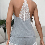 Crochet Lace Trim Backless Cami Top And Shorts Set Pajams Set Sleepwear