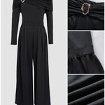 Metal Ring Decor Off Shoulder Ruched High Waist Jumpsuit Casual Cinched Waist Wide Leg Jumpsuit