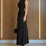 Women's Boat Neck Ruched Maxi Dress Gold Buckle Cap Sleeve Formal Evening Gown