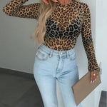 Women's Leopard Print Sheer Mesh Top Long Sleeve Crewneck Fitted Tee with Thumb Holes