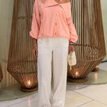 Women's Turn-down Collar Long Sleeve Blouse Casual Gold Button Loose Drawstring Shirt