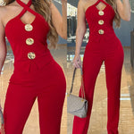 Women's Criss Cross Halter Front Gold Button Flare Jumpsuit Elegant Evening Overalls