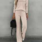 Women's Ribbed Knit Brushed Set Lace Patchwork Long Sleeve Top and Wide Leg Pants 2 Piece Lounge Set with Pockets