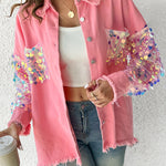 Contrast Sequin Long Sleeve Jacket Top Button Front Raw Hem Loose Fit Shacket