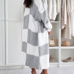 Women's Checkerboard Knit Cardigan Oversized Long Chunky Sweater Loose Lantern Sleeve Coat with Pockets