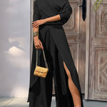 2 Pieces Outfit Cold Shoulder Ruched Batwing Sleeve Top and Casual Elastic Back Wrapped Slit Wide Leg Pants Set