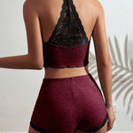 2 Pieces Colorblock Halter Contrast Lace Backless Tank Top & Waffle Knit Casual Shorts Sets