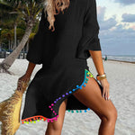 Women's V Neck Beach Cover Up Pom Pom Trim Side Slit Sheer Caftan Causal Three Quarters Sleeve Swimwear
