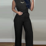 2 Pieces Outfit 3D Cutting Decor Design Cap Sleeve Hollow-out Back Crop Top and Casual Zipper Fly Seam Front Straight Pants Set