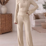 Women's 2 Piece Ribbed Knit Lounge Set Boat Neck Flare Sleeve Ruched Top and Wide Leg Pants Set