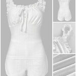 2 Pieces Outfit Square Neck Frill Straps Tied Detail Cami Top and Elastic Waist Shorts Set Slim Fit Hollow-out Jacquard Textured Knit Pajamas Set