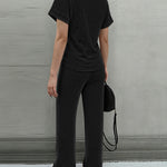 Women's 2 Piece Knit Set Lace Patchwork Short Sleeve Top and Wide Leg Pants Casual Ribbed Brushed Lounge Set