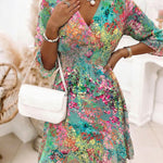 Women's Oil Painting Floral Chiffon Dress V Neck Three Quarters Sleeve Shirred High Waist Ruffle Hem A Line Dress