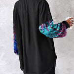 Colorblock Sequin Patchwork Long Sleeve Jacket Top Button Front Raw Hem Shacket
