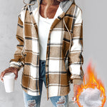 Plaid Pattern Long Sleeve Shacket Button Down Fleece Lined Hooded Jackets Warm Coat