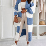 Women's Checkerboard Knit Cardigan Oversized Long Chunky Sweater Loose Lantern Sleeve Coat with Pockets
