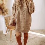 Round Neck Long Sleeve Drop Shoulder Pullover Sweater Casual Loose Fit Cable Knit Mid Length Sweater