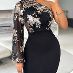Floral Pattern Contrast Sequin One Shoulder Bodycon Dress