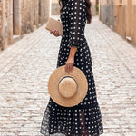 Women's Polka Dot Maxi Dress V Neck Lantern Sleeve Ruffle Hem Dress High Waist Button Up Chiffon Long Party Dress