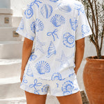 Women's Button Down Pajama Set Seashell Starfish Bowknot Print Short Sleeve Top and Shorts Casual Loungewear