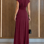 Women's Boat Neck Ruched Maxi Dress Gold Buckle Cap Sleeve Formal Evening Gown
