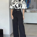 2 Pieces Outfit Floral Print Round Neck Bell Sleeve Satin Top and High Waist Wide Leg Work Pants Set