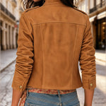 Women's Suede Crop Bomber Jacket Casual Stand Collar Double Breasted Gold Button Coat