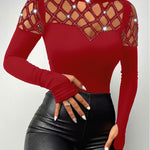 Rhinestone Hollow Out Cold Shoulder Long Sleeve Top Casual Tee