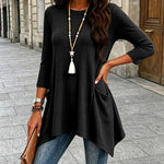 Women's Ribbed Asymmetrical Hem Top Crewneck Three Quarters Sleeve A-Line Casual Top
