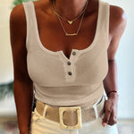 U-Neck Sleeveless Half Button Front Tank Slim Fit Backless Knit Waffle Tank Top