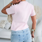 Women's Rib-Knit Short Sleeve Cardigan Gold Flower Button Round Neck Sweater Casual Top